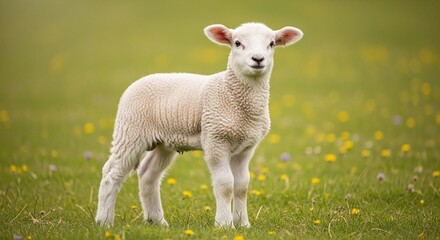Fototapeta premium A fluffy white lamb stands alert in a vibrant green meadow dotted with small yellow wildflowers, looking directly at the camera.