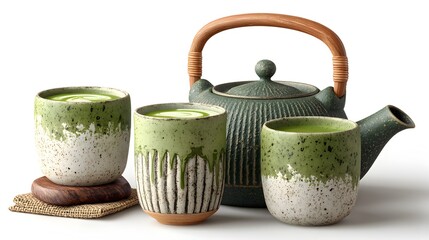 A serene composition presents matcha tea in ceramic cups alongside a matching teapot on a white background.