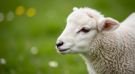 Fototapeta premium Adorable white lamb gazing peacefully in a lush green meadow.