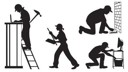 Collection of Silhouette Construction Workers Engaged in Various Tasks and