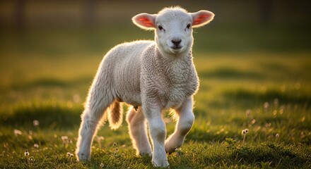 A young lamb with white wool running across a green meadow with sunlight highlighting its features.