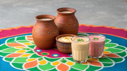 Two glasses of refreshing indian drinks one creamy beige and one pink are placed on a colorful rangoli design next to traditional clay pots filled with a milky beverage