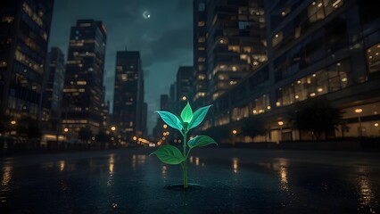 Night city skyline with skyscrapers lights and river reflections