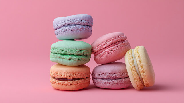 A stack of colorful macarons on a pink background, arranged in a playful, sweet display