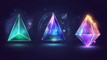 Three glowing, triangular crystals in space