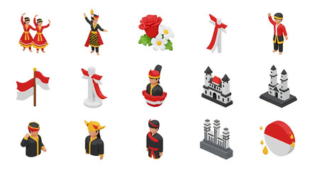 Vector Icons Set of Vibrant Isometric 3D Icons of Indonesian Culture Traditional Dance National Symbols and Historical Buildings. Vector Illustrations. EPS Editable. 