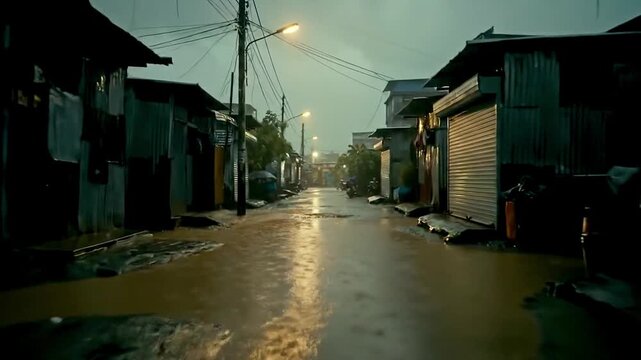 Street-Level View of Rainy Alley in Manila Slum with Puddles and Tin Huts