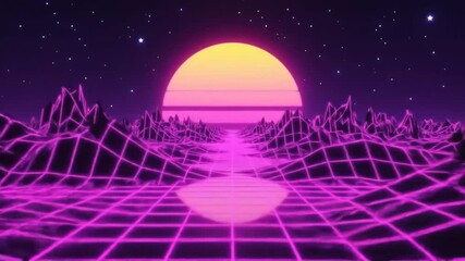 A retro neon sunset scene with slowly moving purple 3D gridded mountains, in a synthwave style virtual world, using smooth looping animations and a starry night atmosphere. - Powered by Adobe