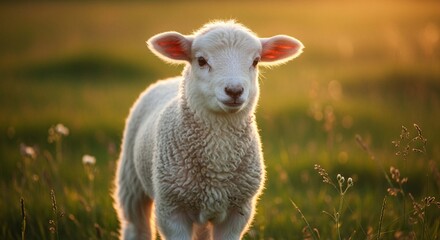 Naklejka premium A fluffy, young lamb stands in a sunlit field, bathed in golden light.