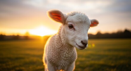 An adorable young lamb with soft white wool stands in a sun-drenched green field at golden hour, bathed in warm light.