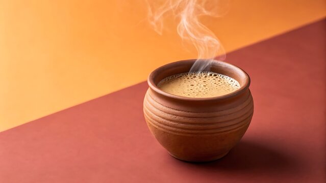 A steaming cup of traditional indian chai tea served in a rustic clay kulhad cup emitting gentle wisps of steam against a warm dual toned background - Powered by Adobe