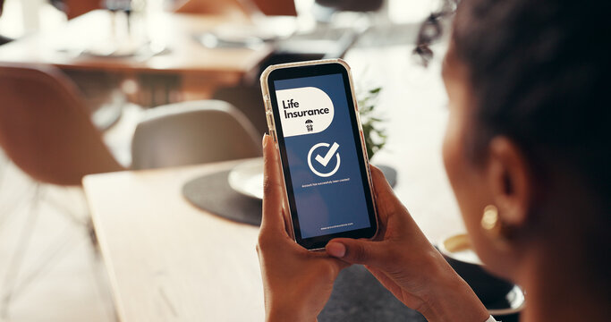 Cafe, online and hands with phone, life insurance and approval of application on web or information. Screen, status and person with mobile for financial protection, coverage and membership on app - Powered by Adobe