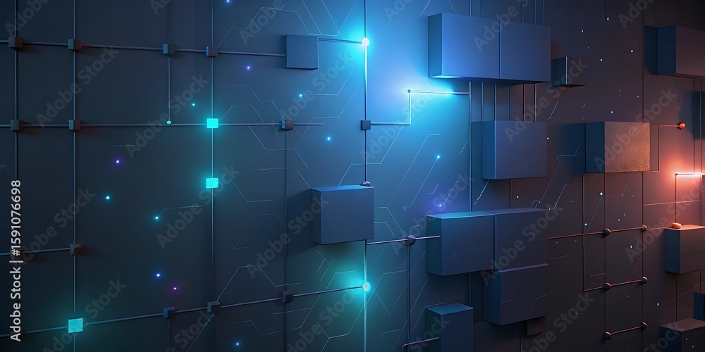 Poster a complex network of glowing blue and teal circuits and cubes forms a futuristic pattern.