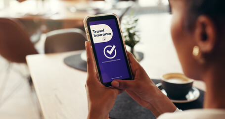 Phone screen, travel insurance and hands of woman for digital application, app and sign up. Claims...