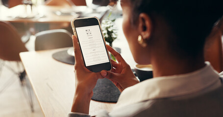 Business woman, phone screen and menu in restaurant for choice, decision or lunch break. App, food...