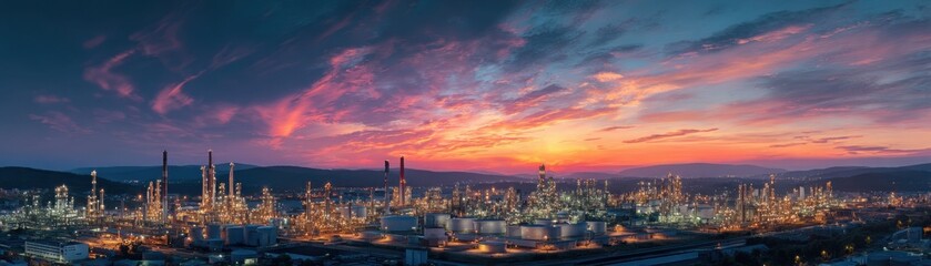 Fototapeta premium Panoramic view of an industrial refinery complex at sunset with vibrant clouds and city lights glowing.