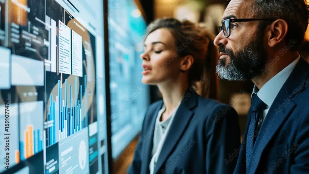 Poster business teamwork analyzing financial data digital screen with charts and graphs modern office for d