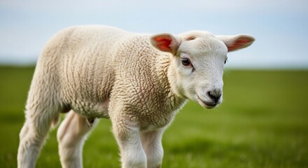 A close-up shot of a young, white lamb standing in a green field with a blurred sky background.