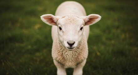 Obraz premium A young, fluffy lamb stares directly at the camera in a lush green pasture.