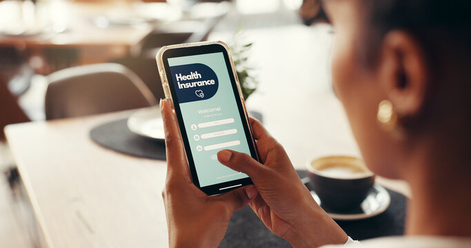 Phone screen, health insurance and hands of woman for digital application, app and check in. Claims status, membership benefits and medical cover with person for login and online review in cafe