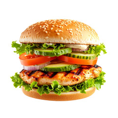 Grilled Chicken Burger with Pickles and Onion Rings