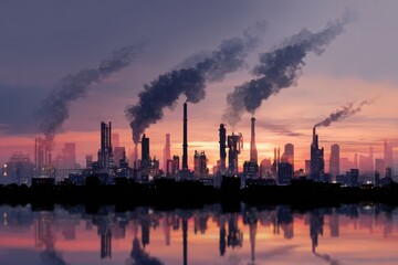 Fototapeta premium Industrial factory with multiple smokestacks releasing dark smoke into the colorful sunset sky, reflecting on a body of water below.