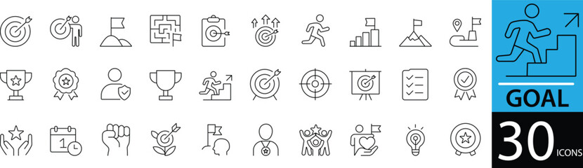 Minimal Goal Line Icon Set 30 Clean Outline Designs for Productivity, Planning, and Achievement Use. © mstlily