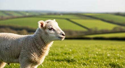 Obraz premium A young lamb stands in a grassy field, overlooking rolling hills.