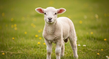 Fototapeta premium A fluffy lamb stands in a grassy field, surrounded by wildflowers.