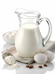 Fresh milk in a glass pitcher with eggs and flour for baking