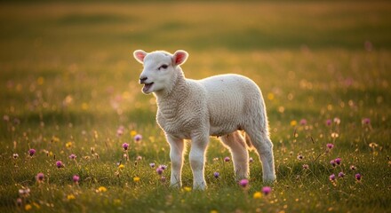 Fototapeta premium A fluffy lamb stands in a sunlit meadow, surrounded by wildflowers.
