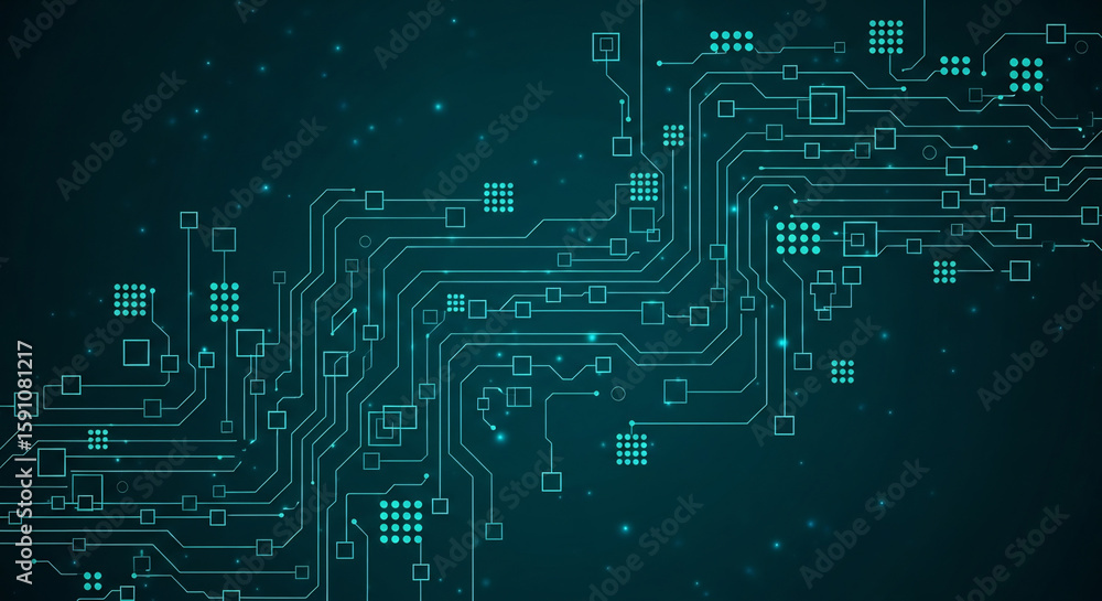 Poster luminous teal electronic circuit board with intricate geometric pathways nodes and glowing dot grids