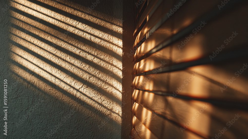 Poster sunlight streaming through window blinds casting shadows on a textured wall surface