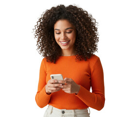 Smiling woman with phone in orange shirt isolated on transparent background