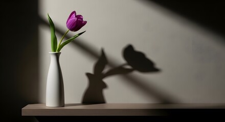 A single purple tulip in a white vase casts a dramatic shadow of a rabbit on a wall, bathed in sunlight.