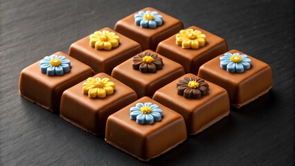 Gourmet chocolate petit fours adorned with delicate sugar flowers in blue yellow and brown arranged in a pleasing pattern on a dark slate surface