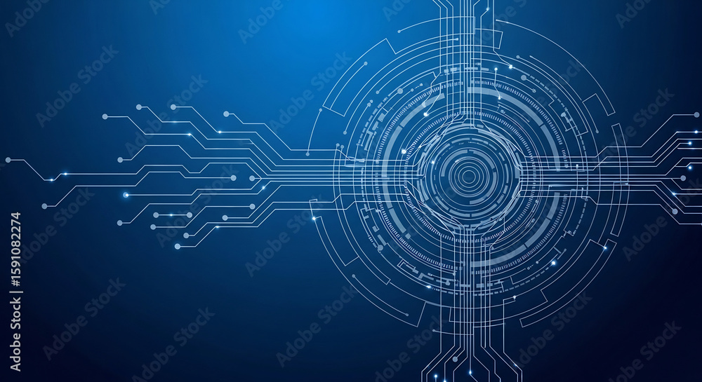Poster futuristic digital circuit graphic with a central circular hub and radiating network lines with glow