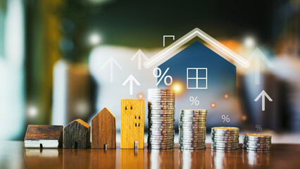 Financial Dynamics of the Housing Market: Wooden House Model, Coins, and Glowing Icons Illustrate...