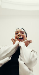 Portrait, business and woman with confident pose for personality, expression and playful fun....