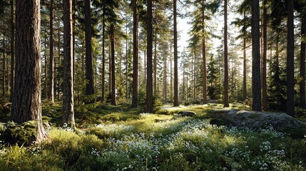 Fototapeta premium Sunlit coniferous forest with mossy ground and scattered white wildflowers