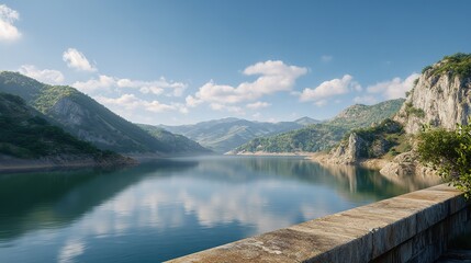 Vast serene lake reflecting blue sky and white clouds framed by lush green mountainous terrain and rock formations