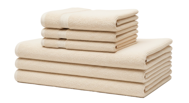 Luxurious Stacked Towels: Soft, plush towels neatly stacked, offering a sense of comfort and serenity. Ideal for bathroom decor.