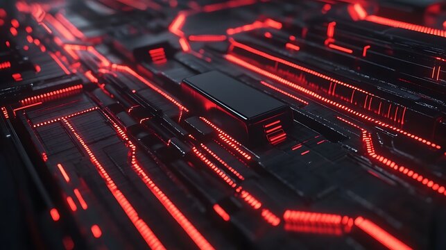 Abstract circuit board design with glowing red lines - Powered by Adobe