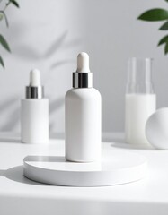 Minimal White and Silver Bottle on Backlit Platform with Surrounding Lab Glassware