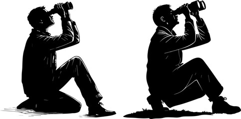 Man with Binoculars Crouching Silhouettes