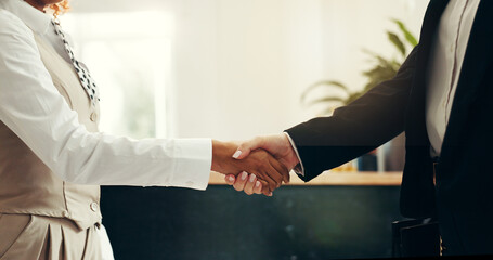 Business people, handshake and meeting with welcome in hotel for customer service or greeting....