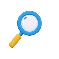 A 3D rendered blue and yellow magnifying glass, representing search and discovery, online information retrieval, problem-solving tool, and digital exploration icon.
