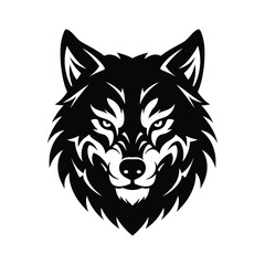 Fototapeta premium A black and white illustration of a fierce wolf head with piercing eyes isolated on white background