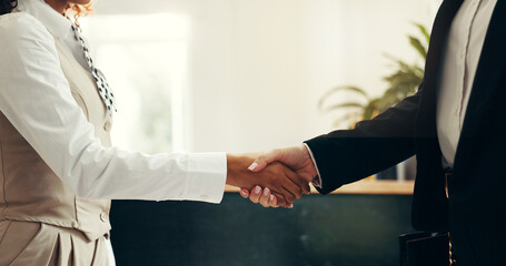 Business people, handshake and meeting with thank you in hotel for customer service or greeting....