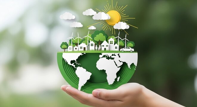 A hand holding a paper-cut half-earth with a green landscape, representing sustainable living, renewable energy, environmental conservation, and eco-friendly communities.